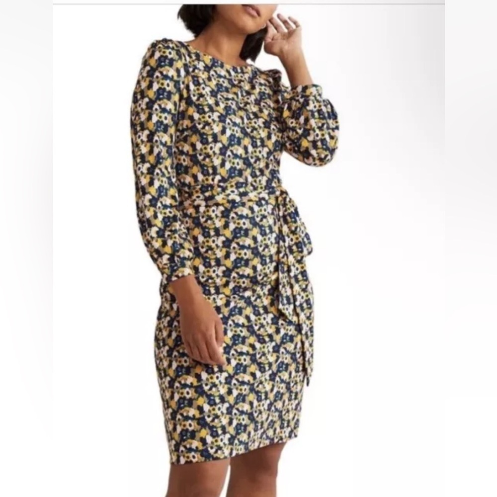 Boden Navy & Yellow Floral Tulip Long Sleeve Dress Size 10L (Tall)